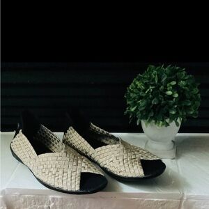 Woven Open-Toe Slip-On Flats in Gold & Black